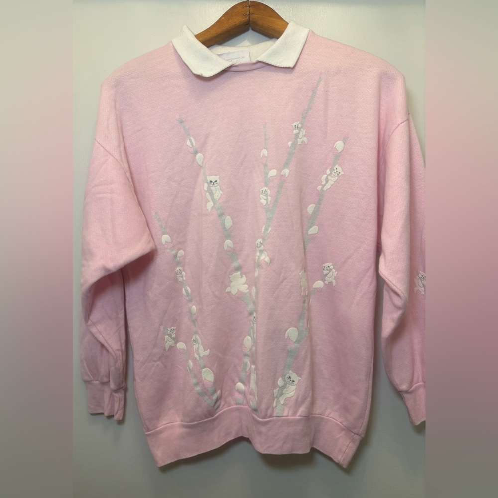 VTG 80S 90S SPUMONI PUFFY PAINT SWEATSHIRT CATS KITTIES KITTENS PINK SIZE S/M